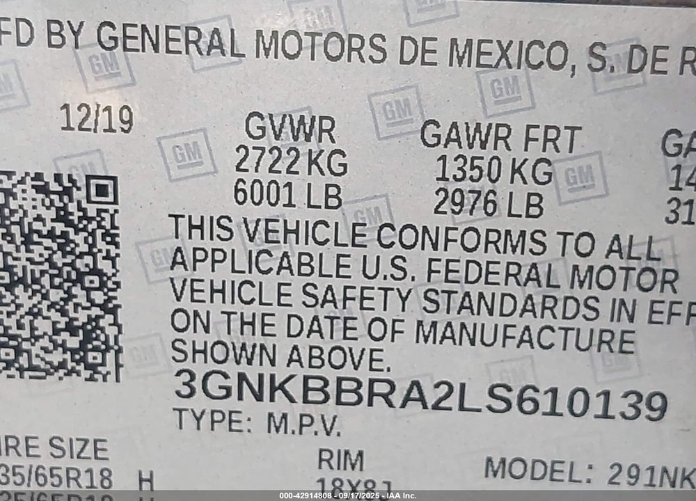 2020 CHEVROLET BLAZER VIN: 3GNKBBRA2LS610139