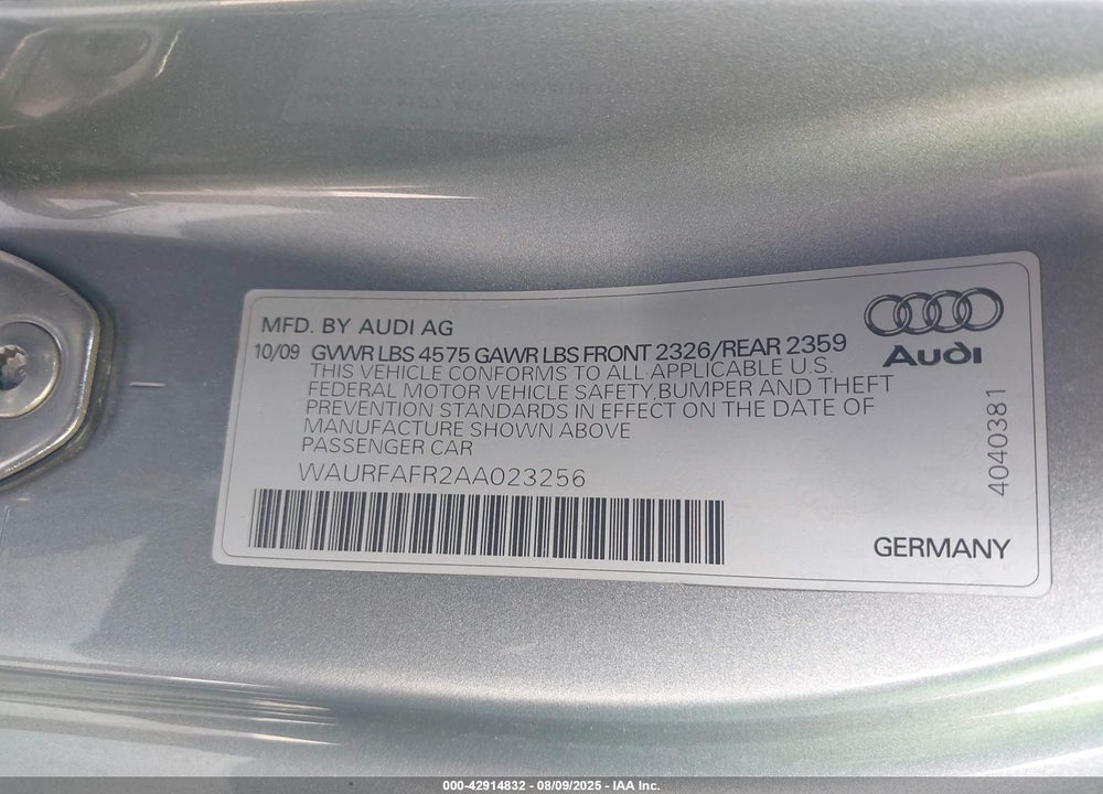 2010 AUDI A5 VIN: WAURFAFR2AA023256