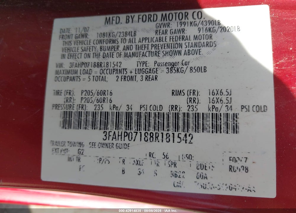 2008 FORD FUSION SE VIN: 3FAHP07188R181542
