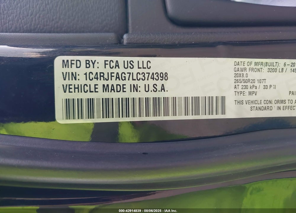 2020 JEEP GRAND CHEROKEE VIN: 1C4RJFAG7LC374398