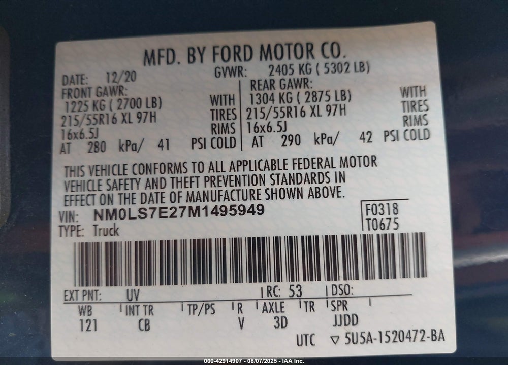 2021 FORD TRANSIT CONNECT XL CARGO VAN VIN: NM0LS7E27M1495949