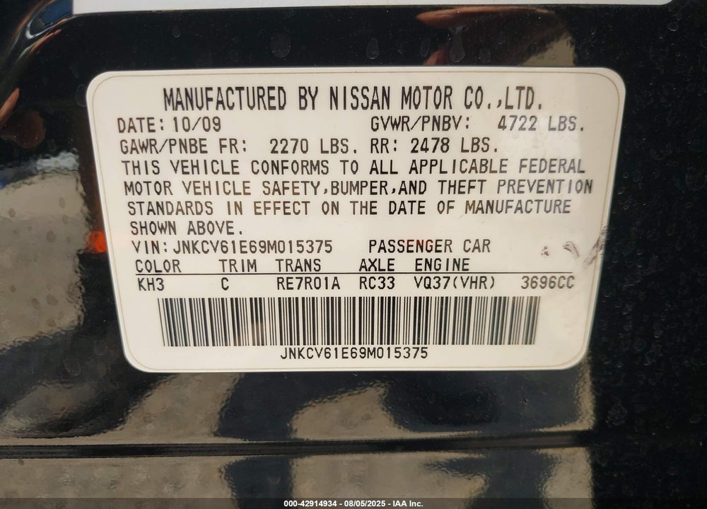 2009 INFINITI G37 VIN: JNKCV61E69M015375