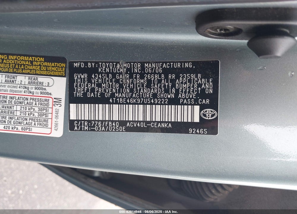 2007 TOYOTA CAMRY LE VIN: 4T1BE46K97U549222