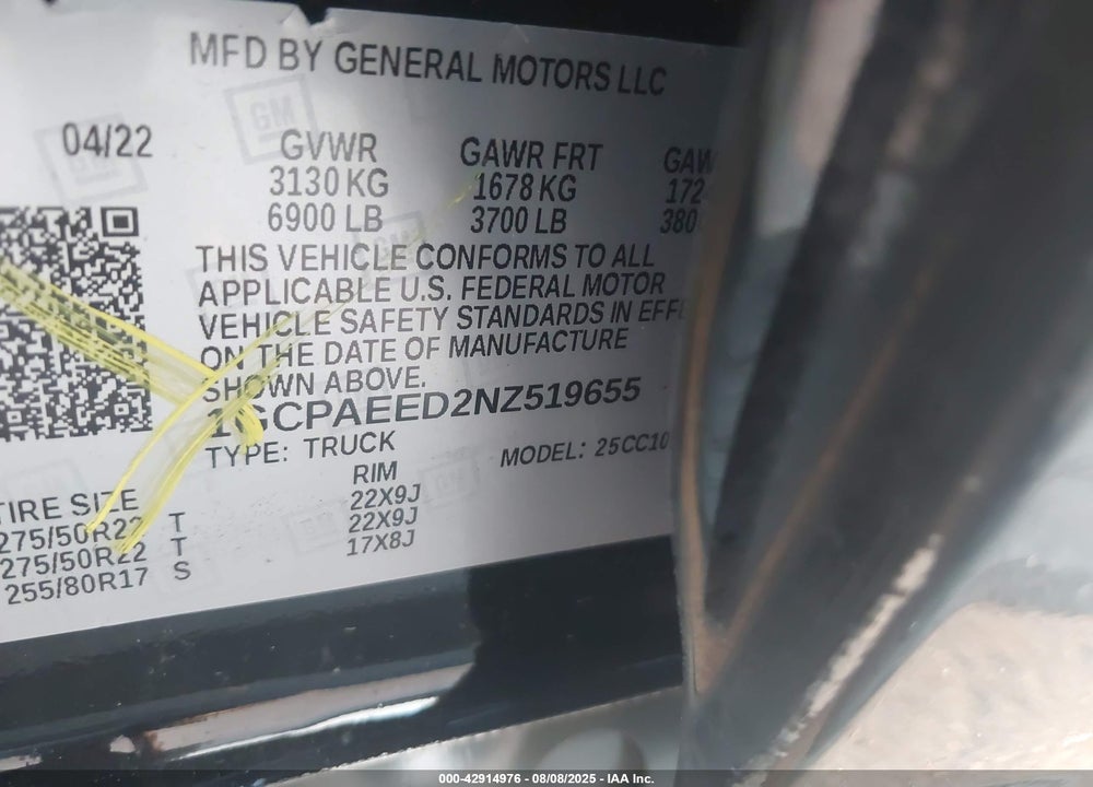 2022 CHEVROLET SILVERADO 1500 VIN: 1GCPAEED2NZ519655