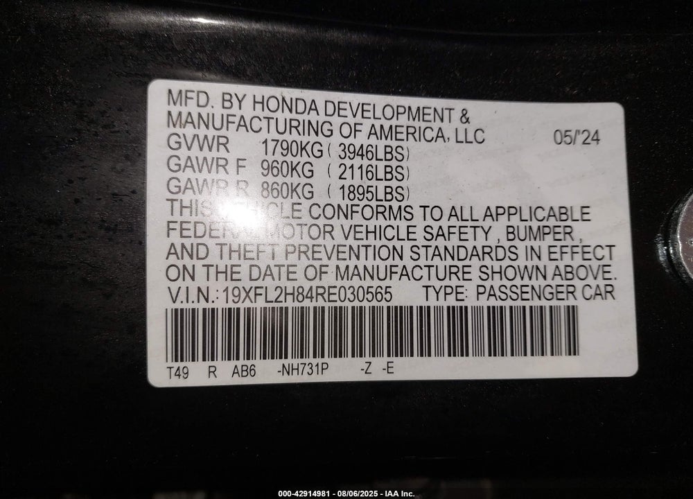 2024 HONDA CIVIC SPORT VIN: 19XFL2H84RE030565