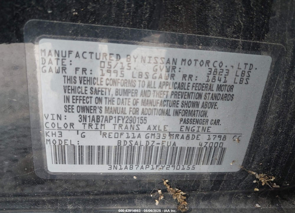 2015 NISSAN SENTRA VIN: 3N1AB7AP1FY290155