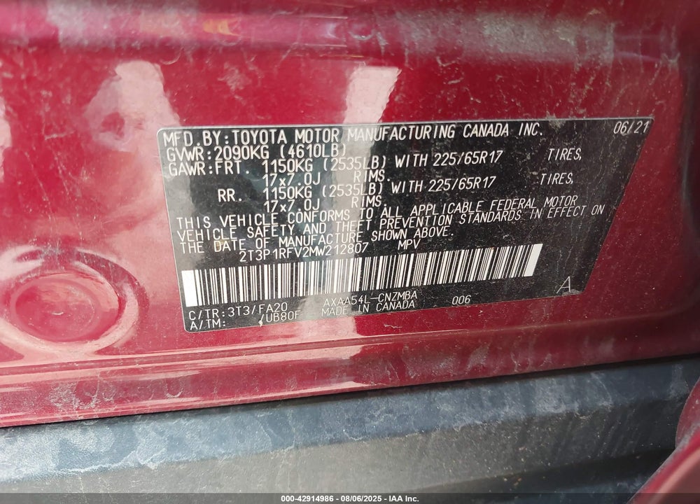 2021 TOYOTA RAV4 VIN: 2T3P1RFV2MW212807