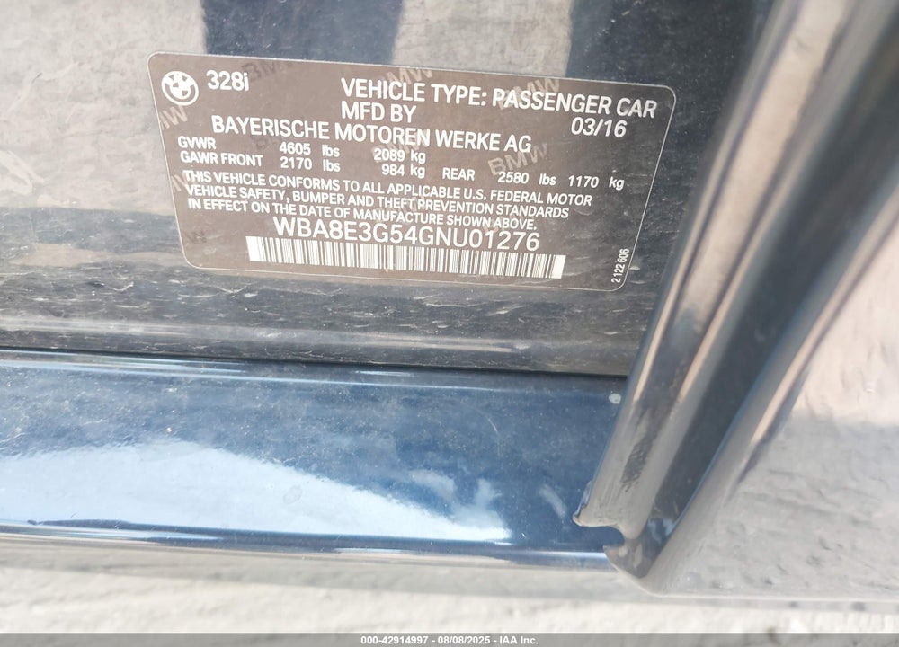2016 BMW 3 SERIES VIN: WBA8E3G54GNU01276