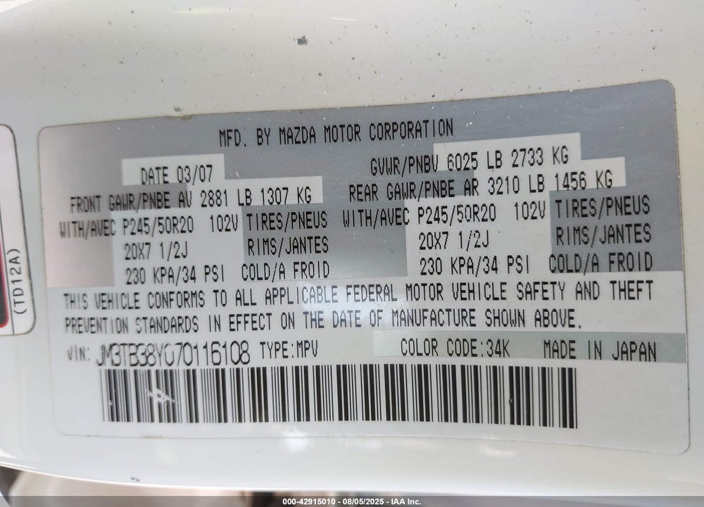 2007 MAZDA CX-9 GRAND TOURING VIN: JM3TB38Y070116108