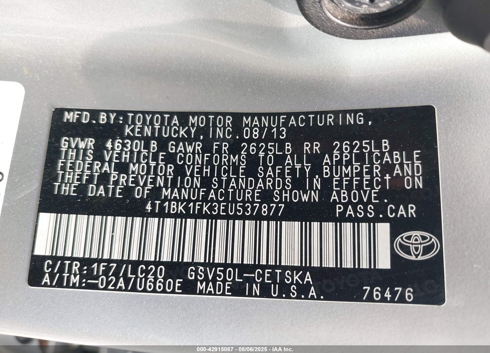 2014 TOYOTA CAMRY VIN: 4T1BK1FK3EU537877