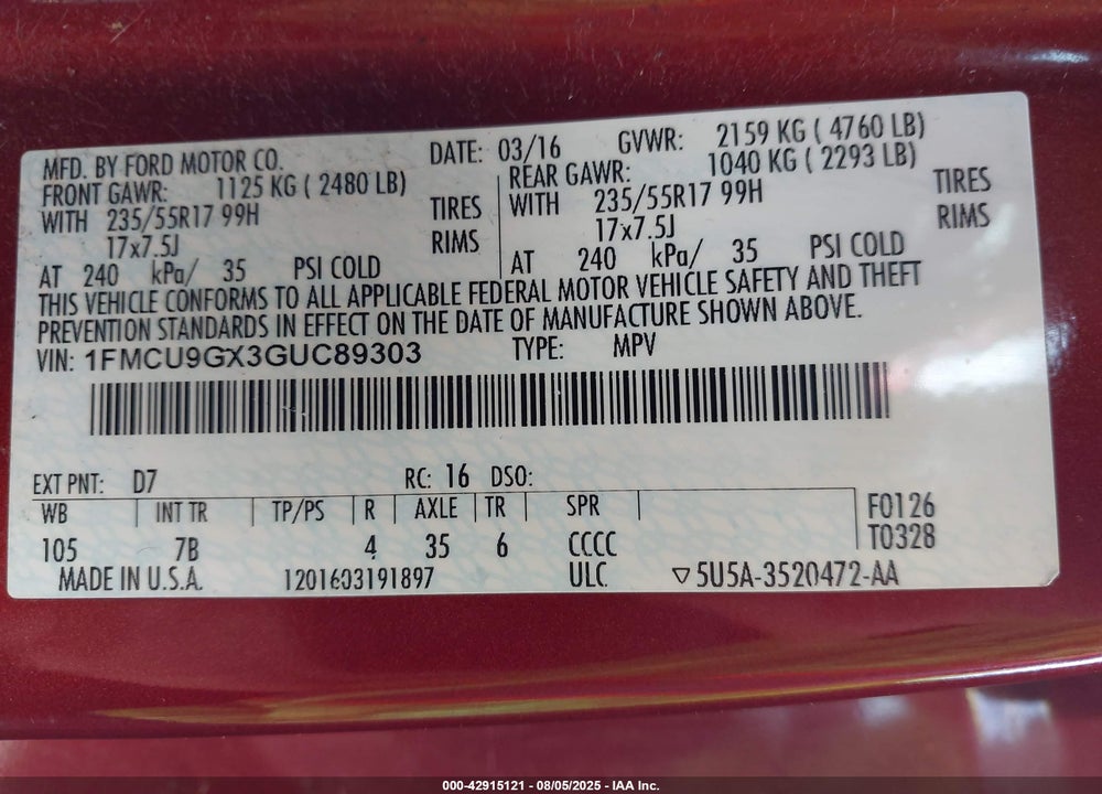 2016 FORD ESCAPE SE VIN: 1FMCU9GX3GUC89303