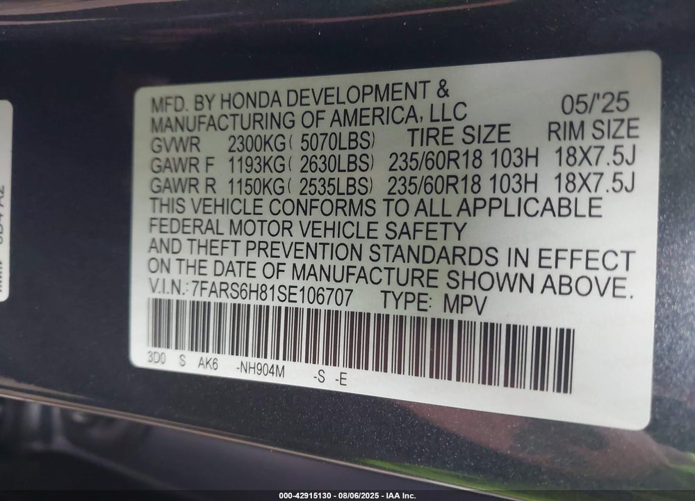 2025 HONDA CR-V VIN: 7FARS6H81SE106707
