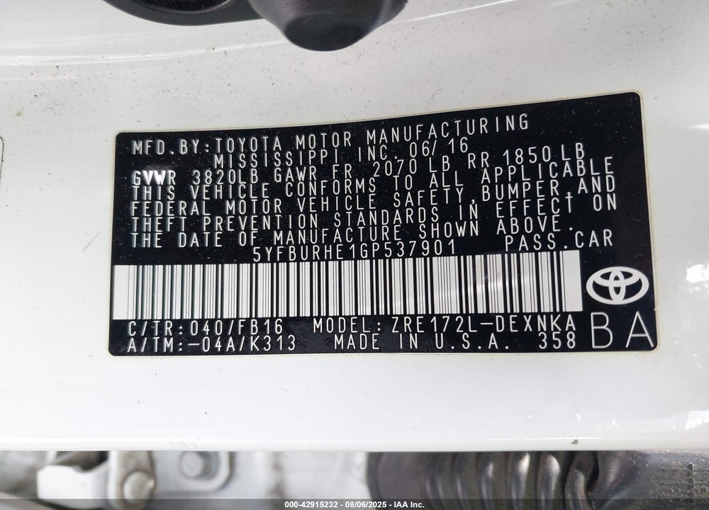 2016 TOYOTA COROLLA VIN: 5YFBURHE1GP537901