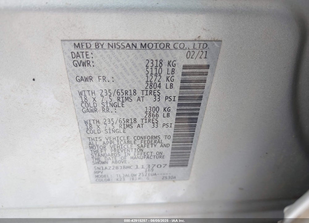 2021 NISSAN MURANO VIN: 5N1AZ2BJ8MC113707