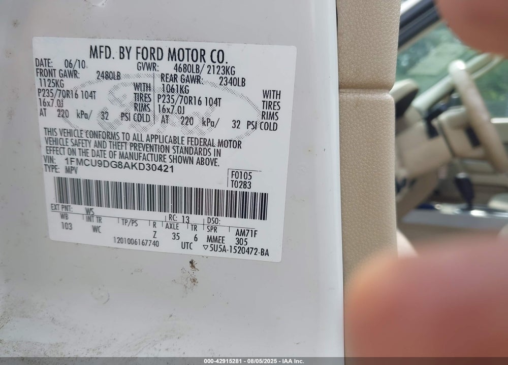 2010 FORD ESCAPE VIN: 1FMCU9DG8AKD30421