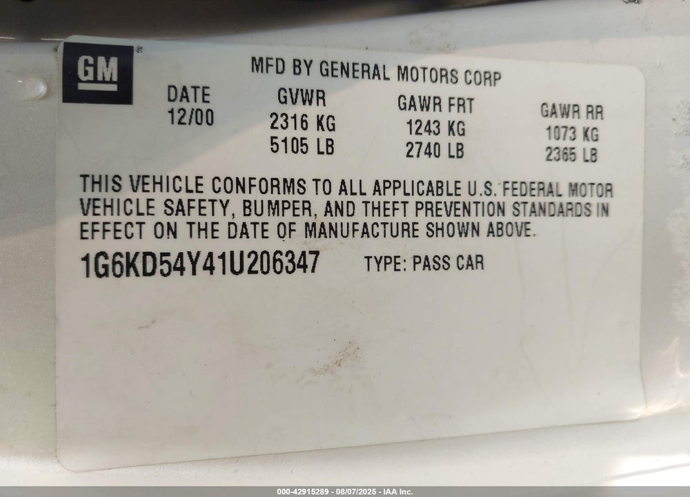 2001 CADILLAC DEVILLE STANDARD W/W20 VIN: 1G6KD54Y41U206347