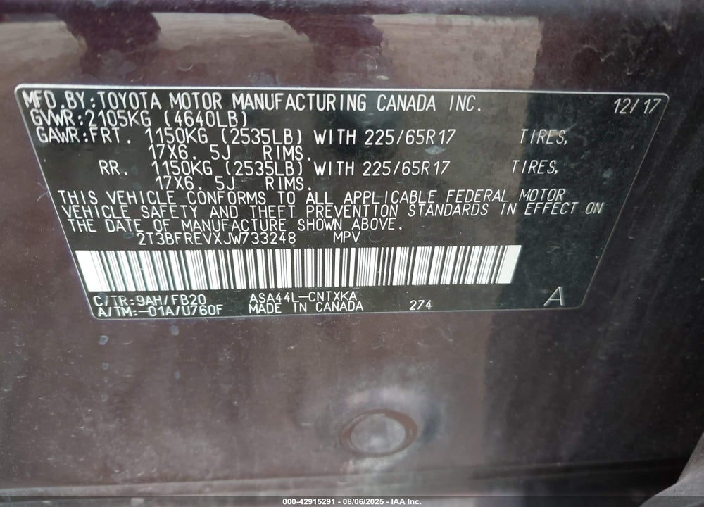 2018 TOYOTA RAV4 VIN: 2T3BFREVXJW733248