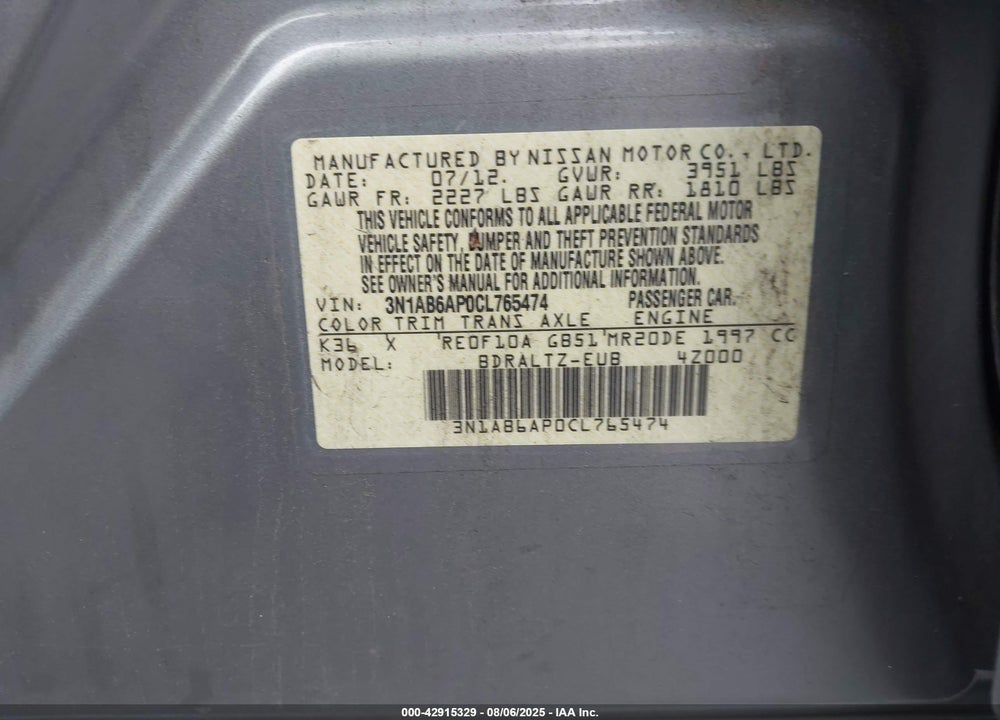 2012 NISSAN SENTRA VIN: 3N1AB6AP0CL765474