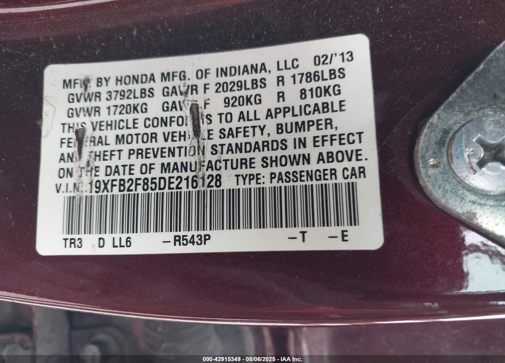 2013 HONDA CIVIC VIN: 19XFB2F85DE216128