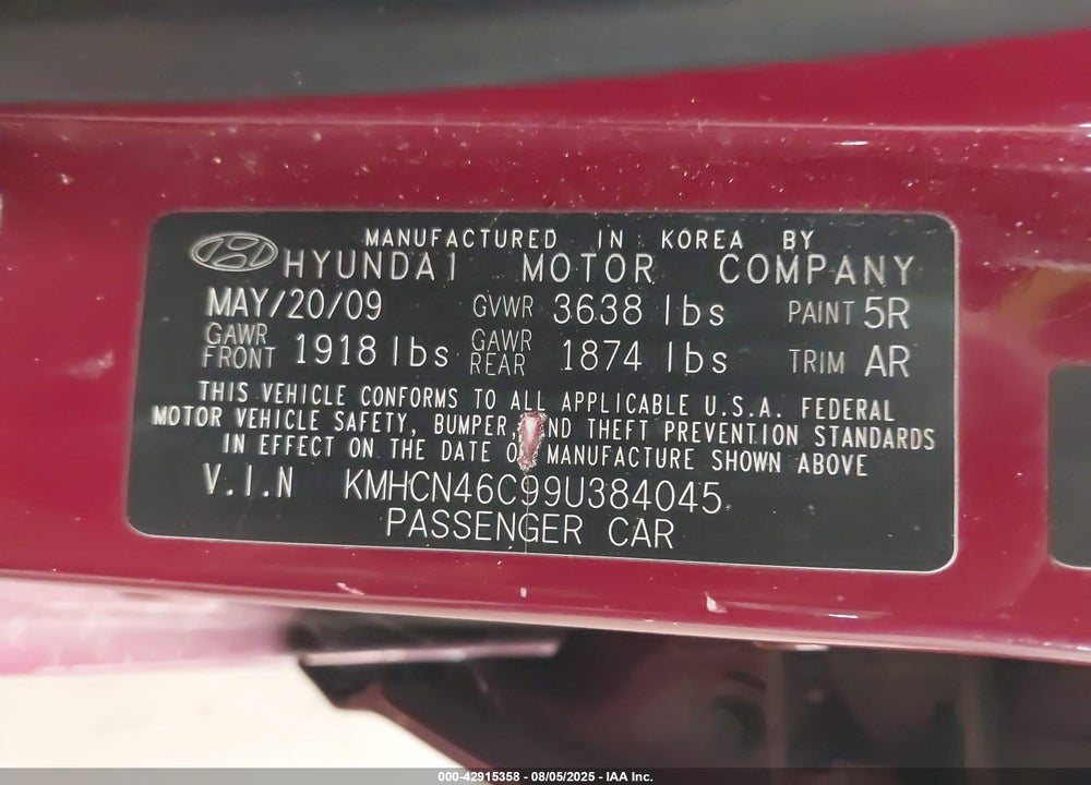 2009 HYUNDAI ACCENT VIN: KMHCN46C99U384045