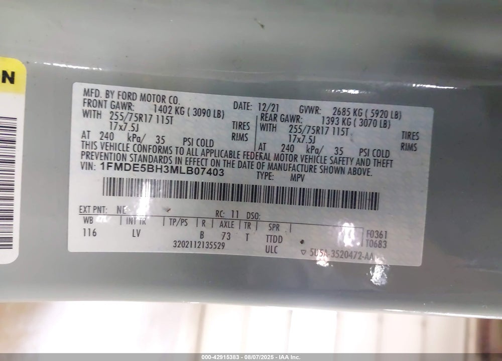 2021 FORD BRONCO VIN: 1FMDE5BH3MLB07403