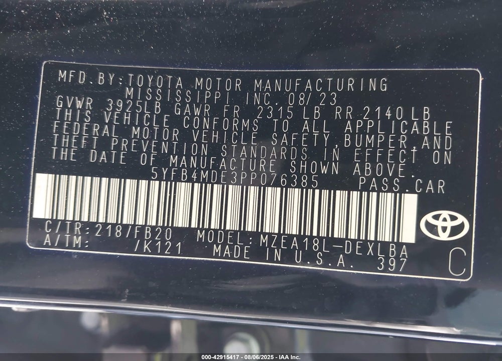 2023 TOYOTA COROLLA VIN: 5YFB4MDE3PP076385