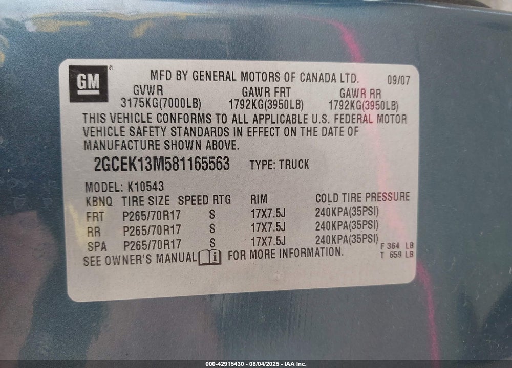 2008 CHEVROLET SILVERADO 1500 LT1 VIN: 2GCEK13M581165563
