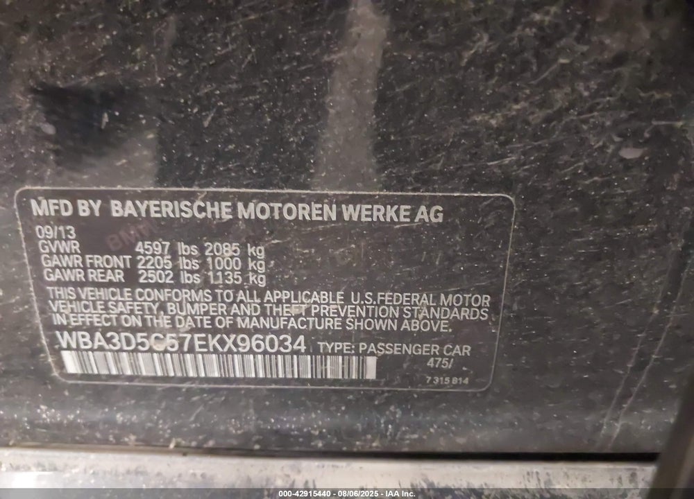2014 BMW 3 SERIES VIN: WBA3D5C57EKX96034