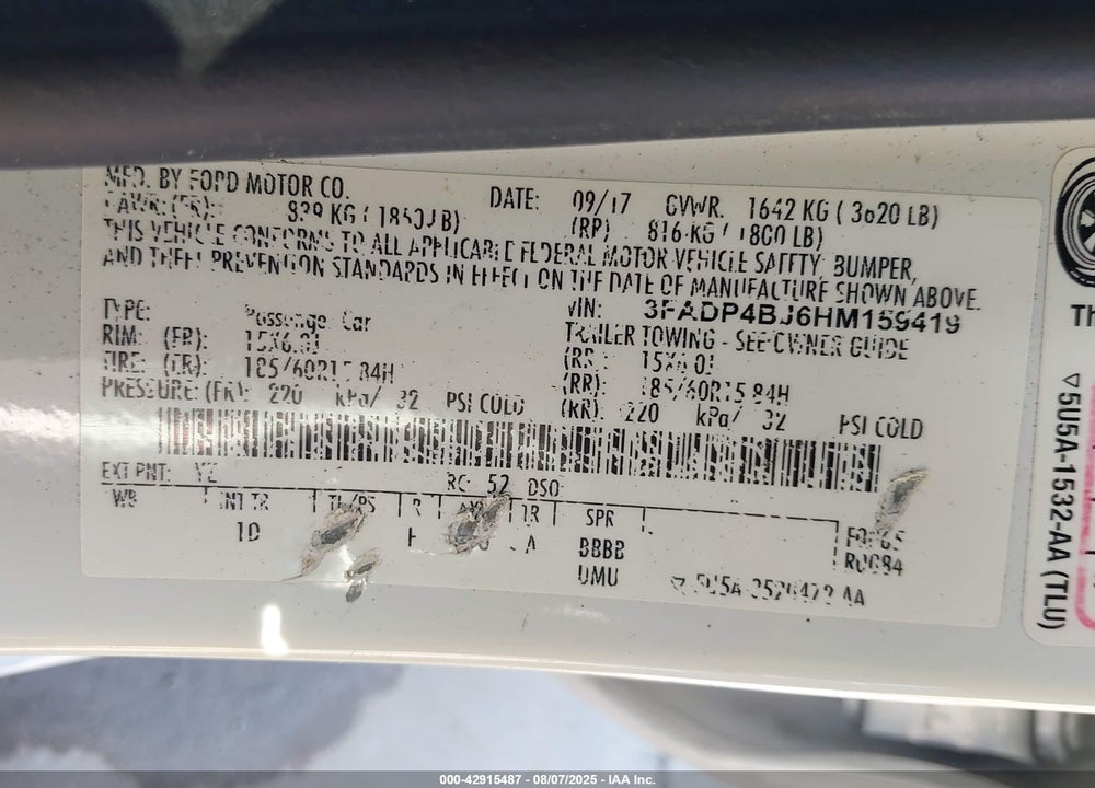 2017 FORD FIESTA VIN: 3FADP4BJ6HM159419