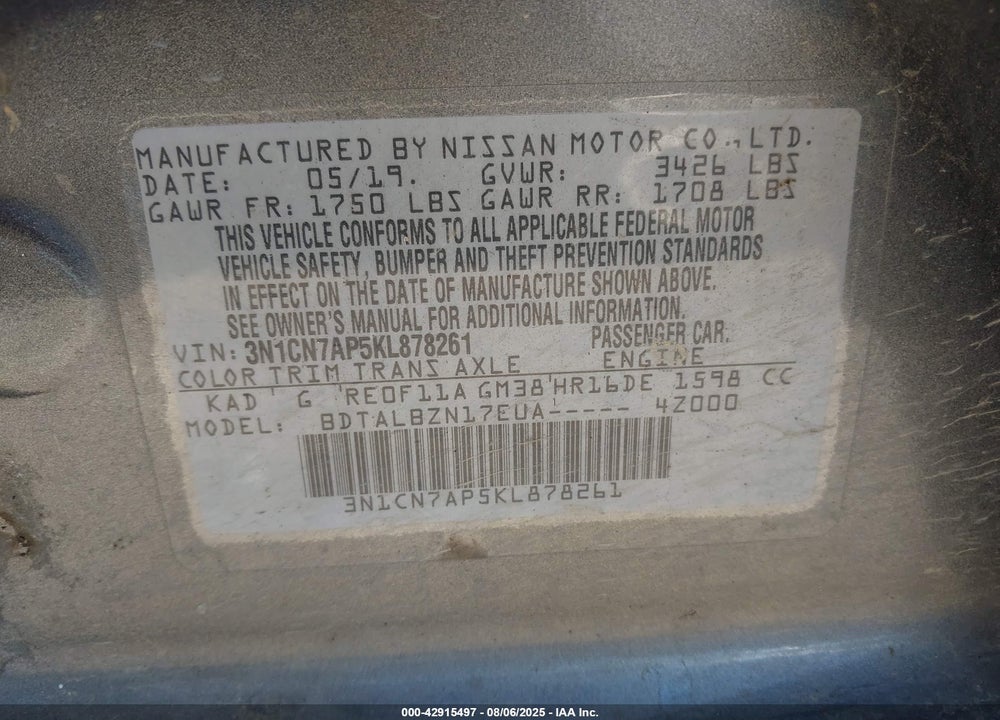 2019 NISSAN VERSA VIN: 3N1CN7AP5KL878261