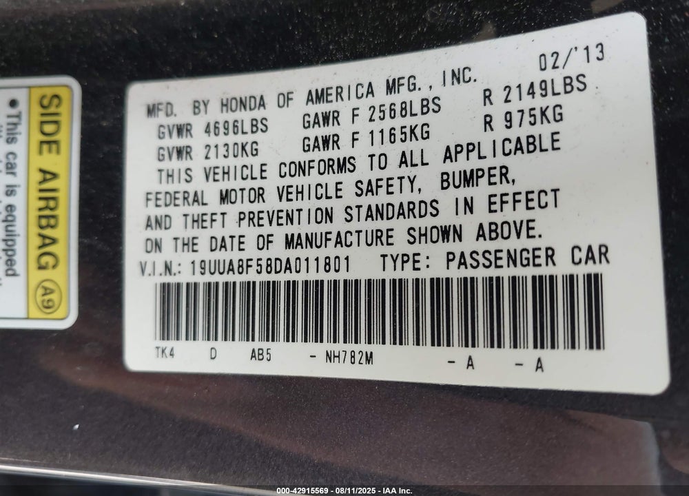 2013 ACURA TL VIN: 19UUA8F58DA011801