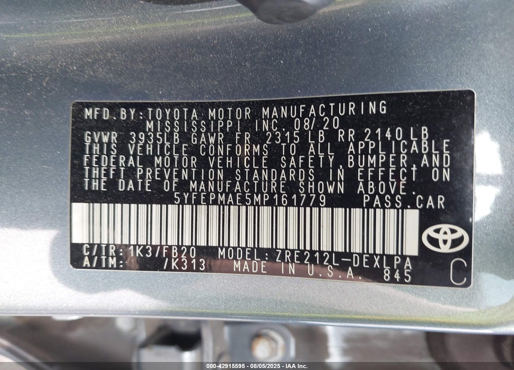 2021 TOYOTA COROLLA VIN: 5YFEPMAE5MP161779