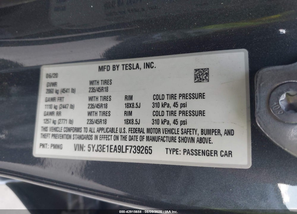 2020 TESLA MODEL 3 VIN: 5YJ3E1EA9LF739265