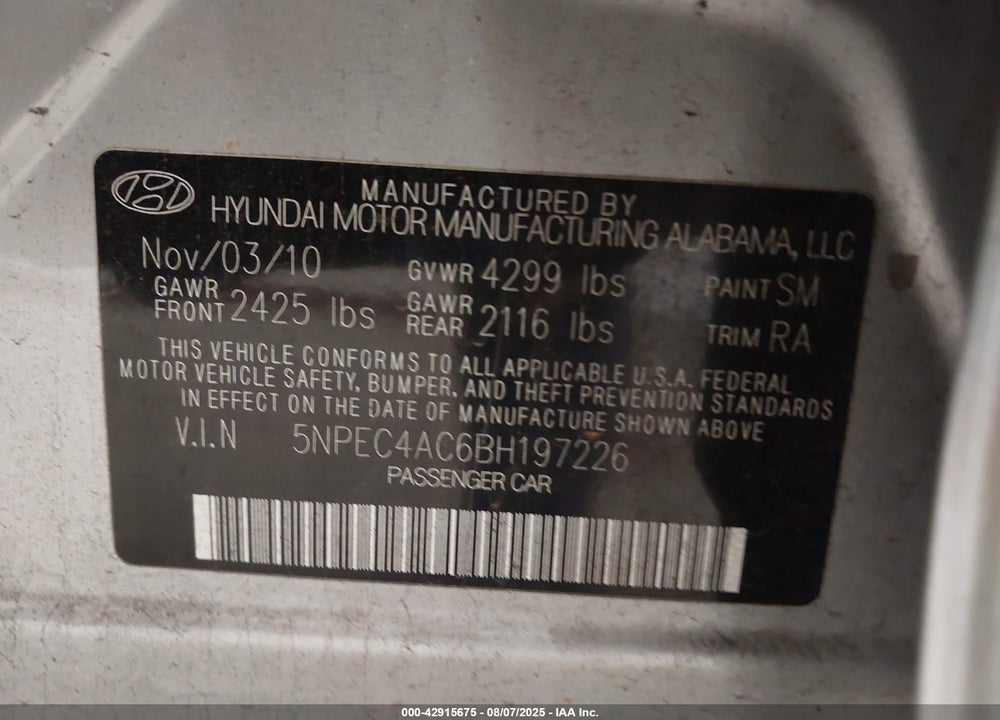 2011 HYUNDAI SONATA SE VIN: 5NPEC4AC6BH197226
