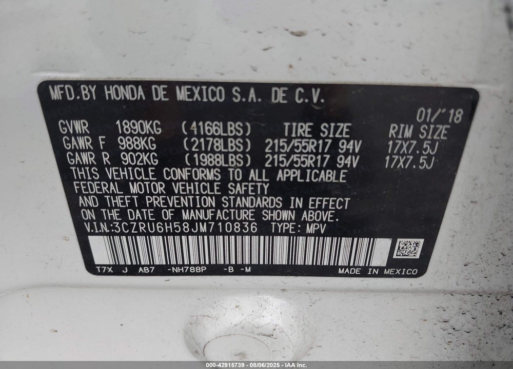 2018 HONDA HR-V VIN: 3CZRU6H58JM710836