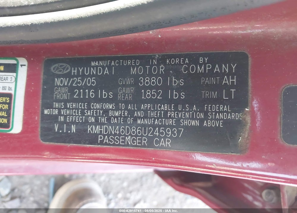 2006 HYUNDAI ELANTRA GLS/LIMITED VIN: KMHDN46D86U245937