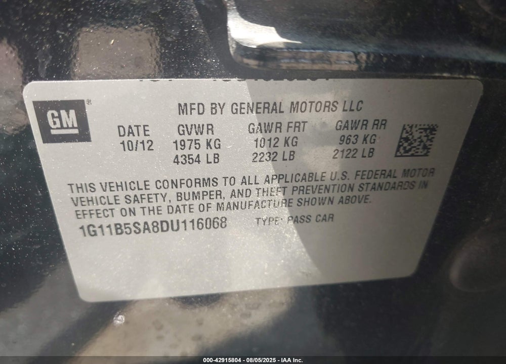 2013 CHEVROLET MALIBU VIN: 1G11B5SA8DU116068