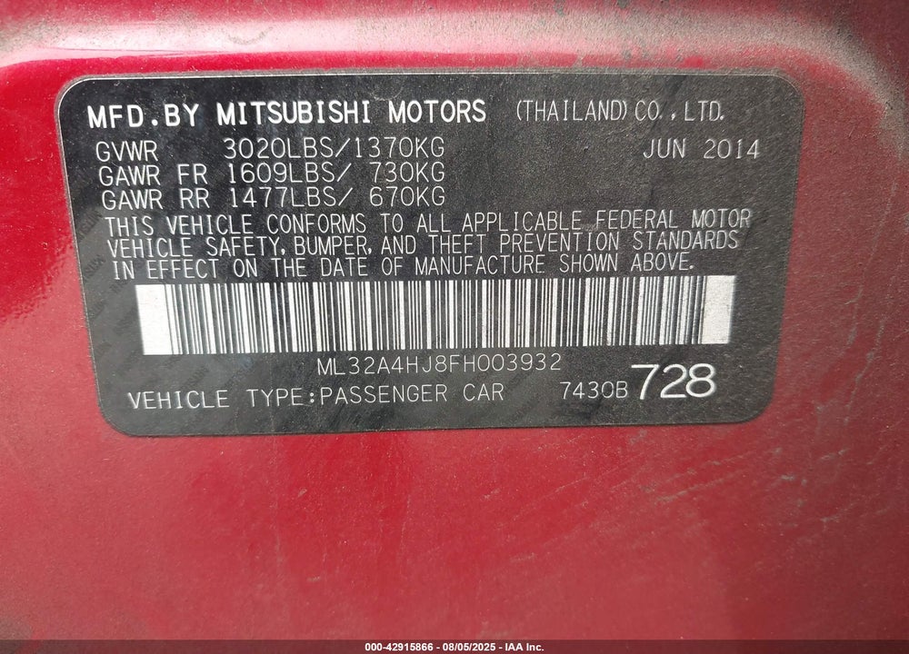 2015 MITSUBISHI MIRAGE VIN: ML32A4HJ8FH003932