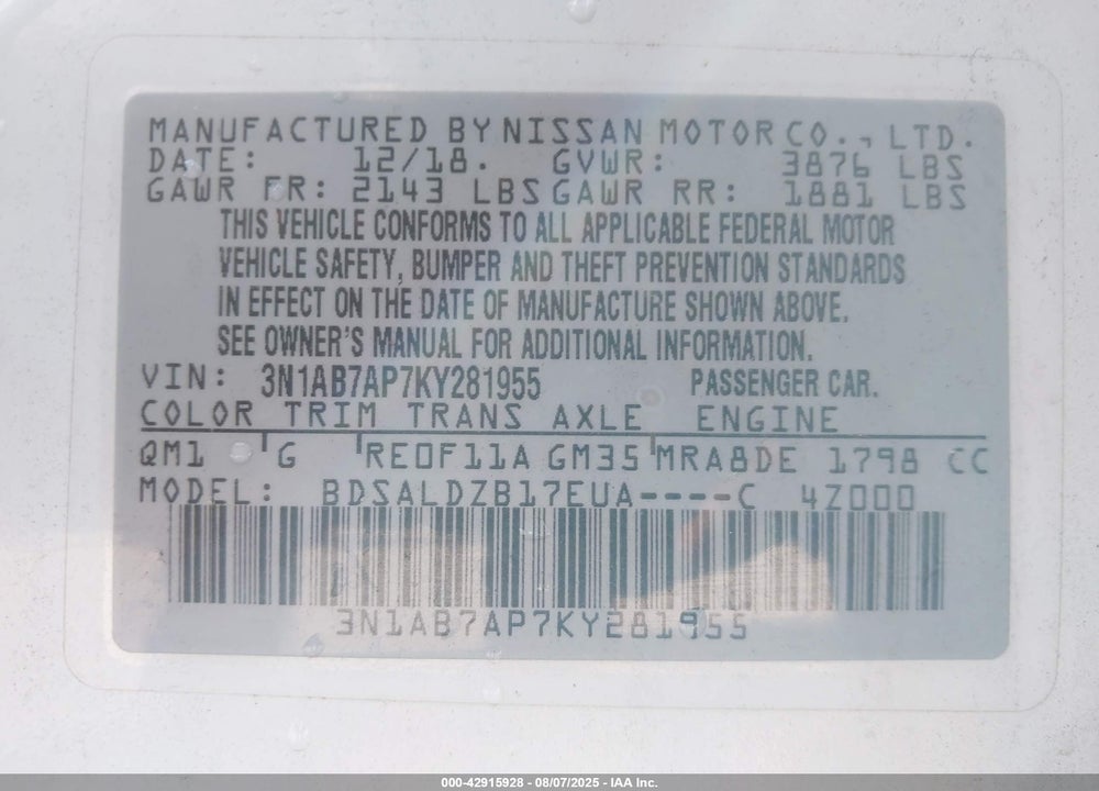 2019 NISSAN SENTRA VIN: 3N1AB7AP7KY281955