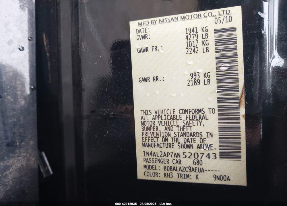 2010 NISSAN ALTIMA 2.5 VIN: 1N4AL2AP7AN520743