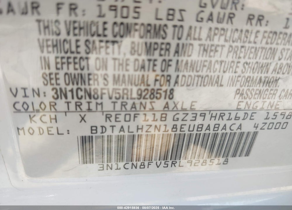 2024 NISSAN VERSA VIN: 3N1CN8FV5RL928518