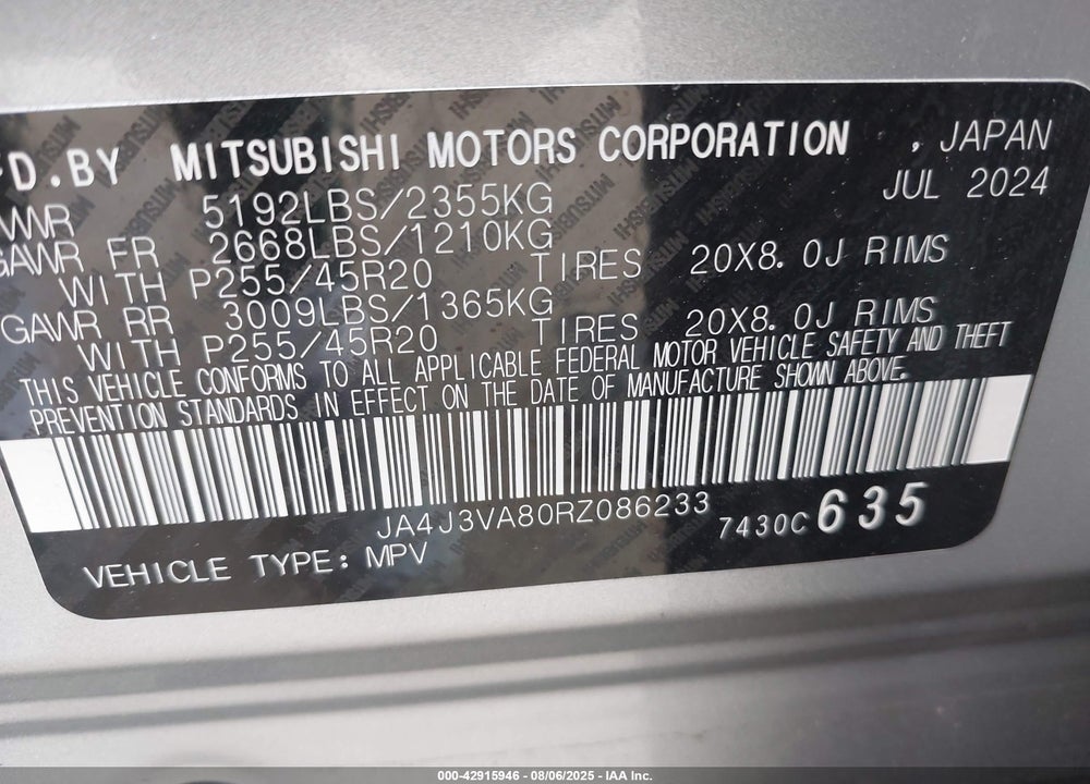 2024 MITSUBISHI OUTLANDER SE 2.5 2WD VIN: JA4J3VA80RZ086233