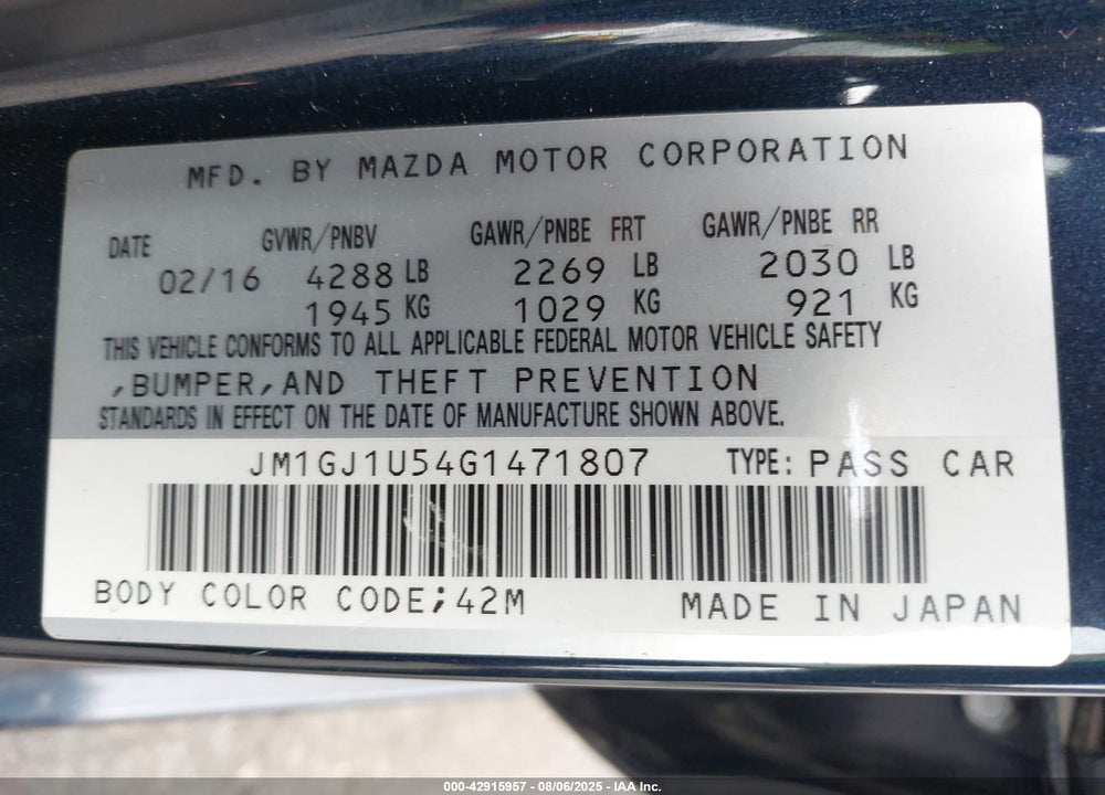 2016 MAZDA 6 VIN: JM1GJ1U54G1471807