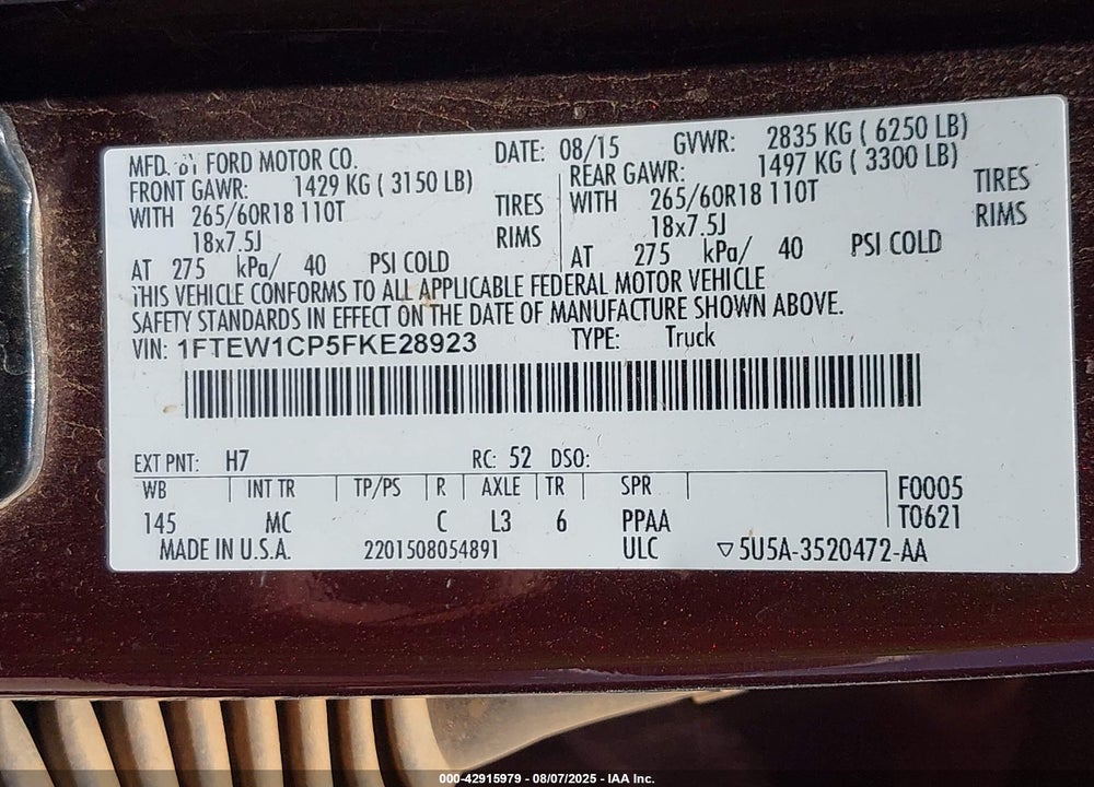 2015 FORD F-150 VIN: 1FTEW1CP5FKE28923