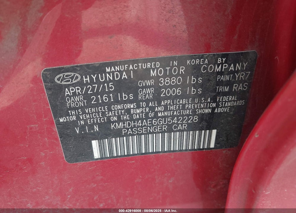 2016 HYUNDAI ELANTRA VIN: KMHDH4AE6GU542228