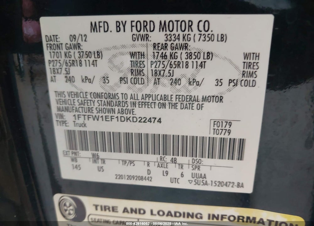 2013 FORD F-150 VIN: 1FTFW1EF1DKD22474