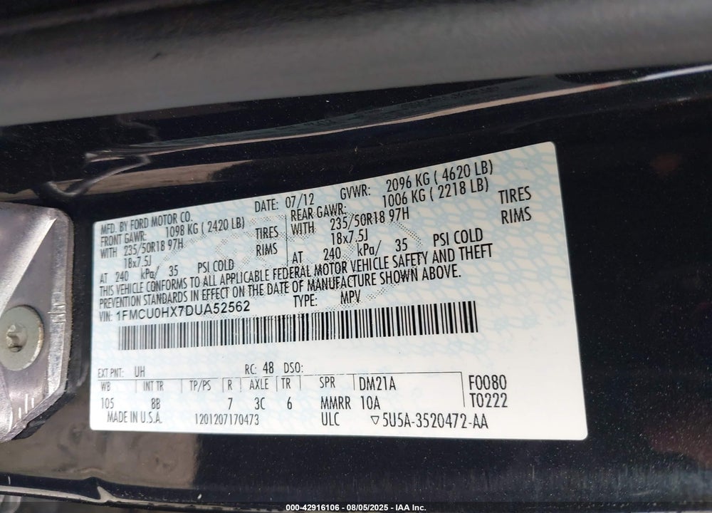 2013 FORD ESCAPE VIN: 1FMCU0HX7DUA52562