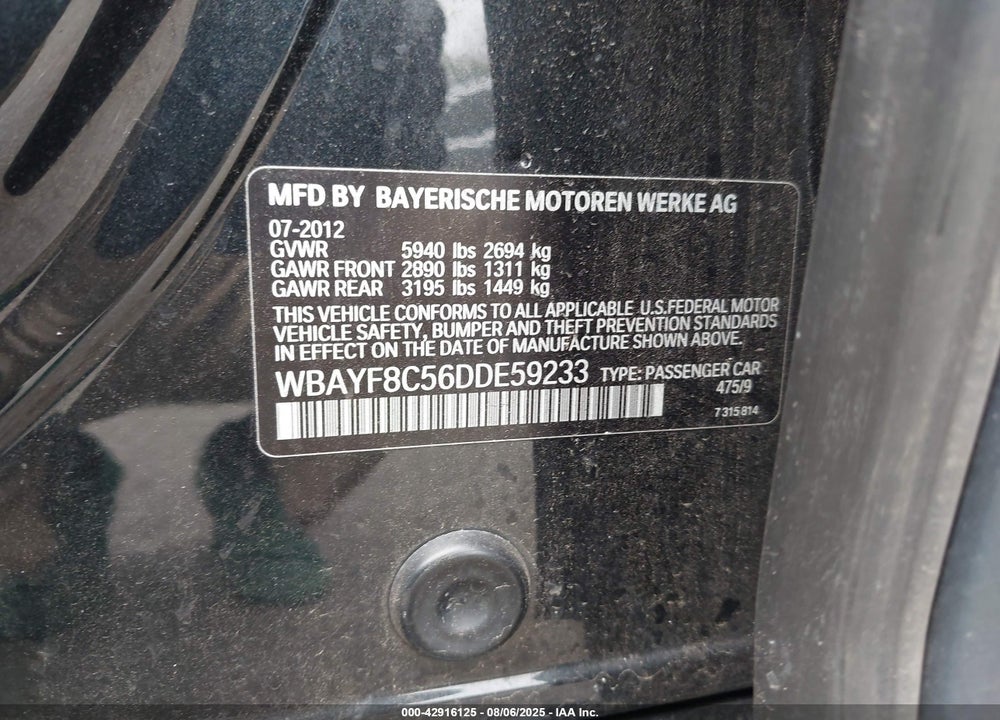 2013 BMW 7 SERIES VIN: WBAYF8C56DDE59233