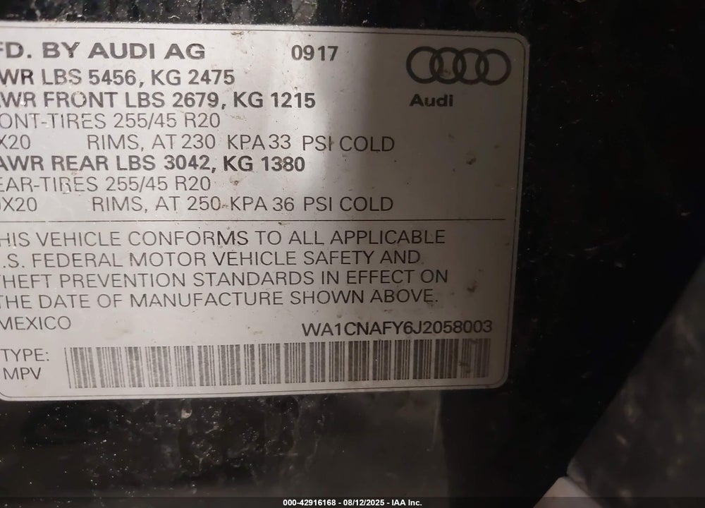 2018 AUDI Q5 2.0T PREMIUM/2.0T TECH PREMIUM VIN: WA1CNAFY6J2058003