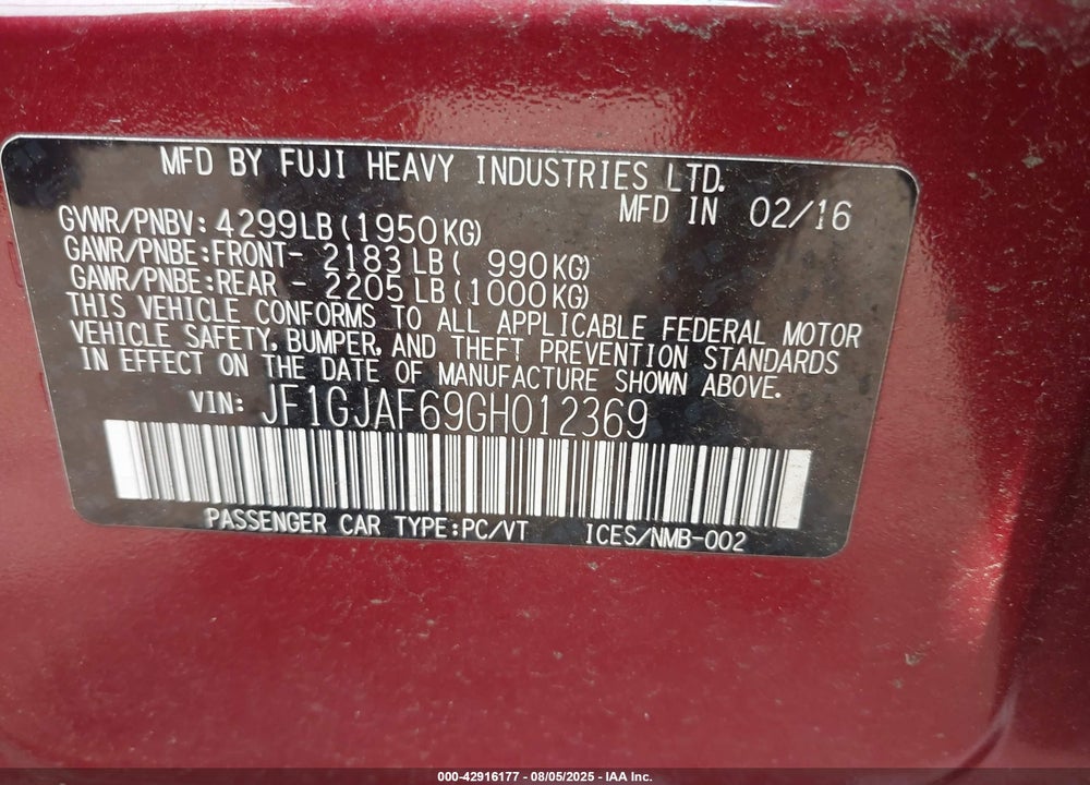 2016 SUBARU IMPREZA VIN: JF1GJAF69GH012369